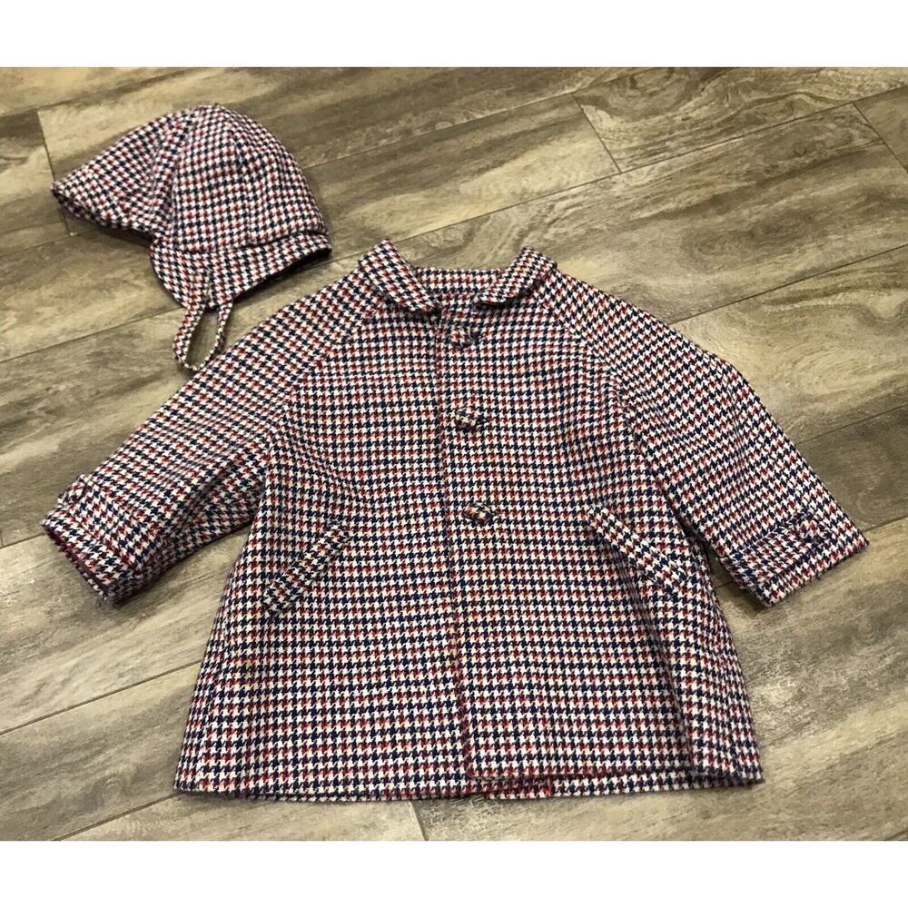 Vintage 50s Mod Toddler Boy Red, Whte & Blue Houndstooth Peacoat & Hat Set